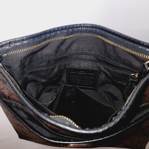 Coach  File F34938 Handbag Dark Brown Black Trim Signature C Coated Canvas / Lea - Picture 2 of 6